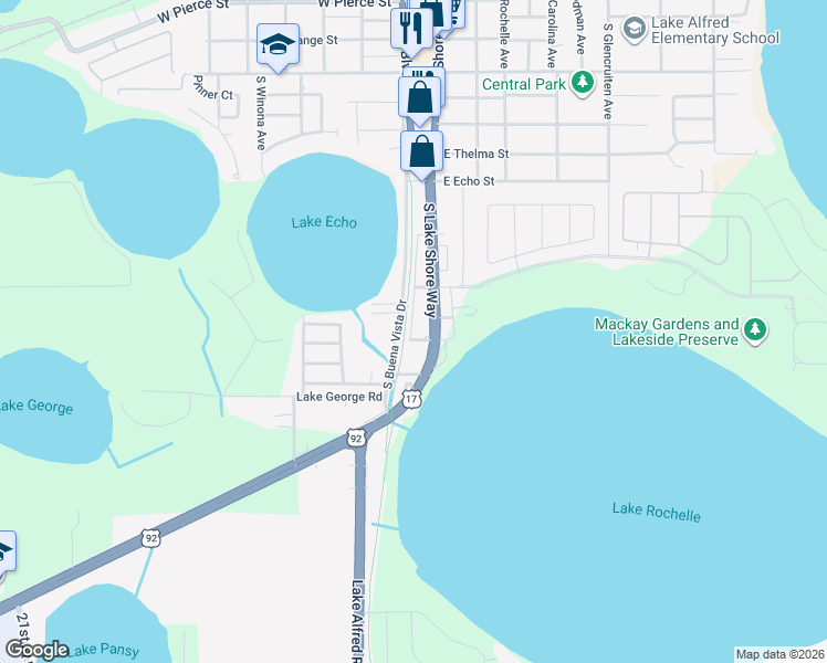 map of restaurants, bars, coffee shops, grocery stores, and more near 195 West Davis Avenue in Lake Alfred