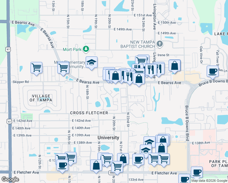 map of restaurants, bars, coffee shops, grocery stores, and more near 2113 Autumn Chace Court in Tampa