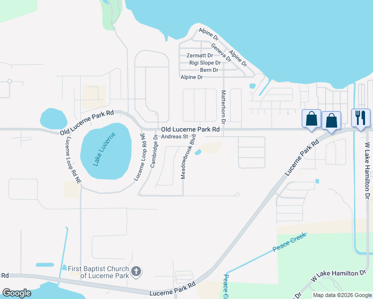 map of restaurants, bars, coffee shops, grocery stores, and more near 157 Andreas Street in Winter Haven
