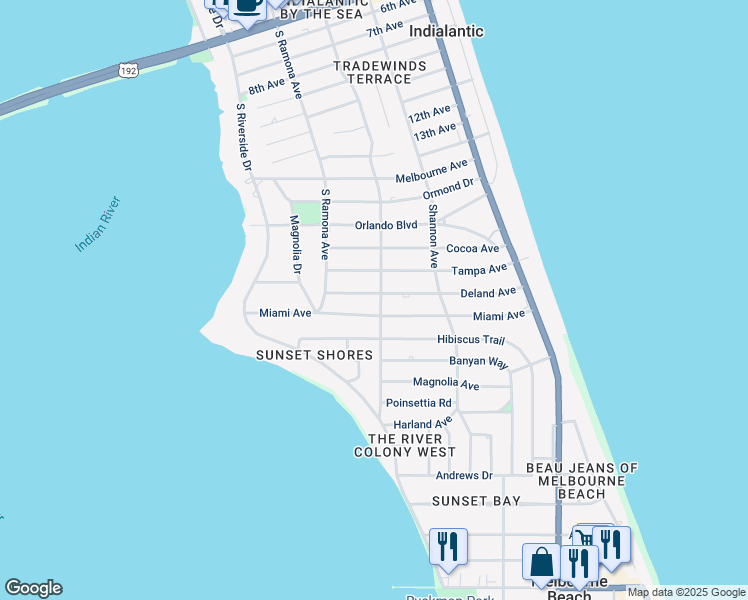 map of restaurants, bars, coffee shops, grocery stores, and more near 240 Deland Avenue in Indialantic