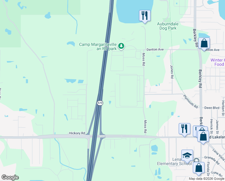 map of restaurants, bars, coffee shops, grocery stores, and more near 303 Moss Road in Auburndale