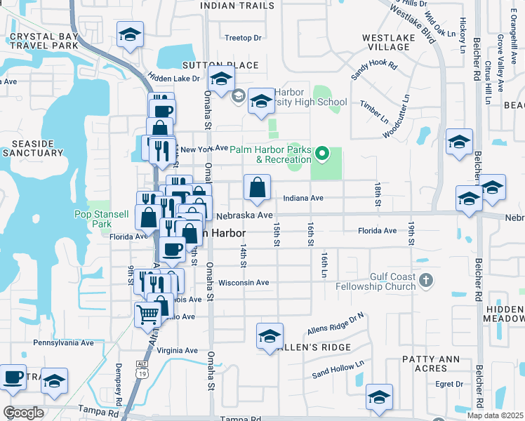 map of restaurants, bars, coffee shops, grocery stores, and more near 1443 Indiana Avenue in Palm Harbor