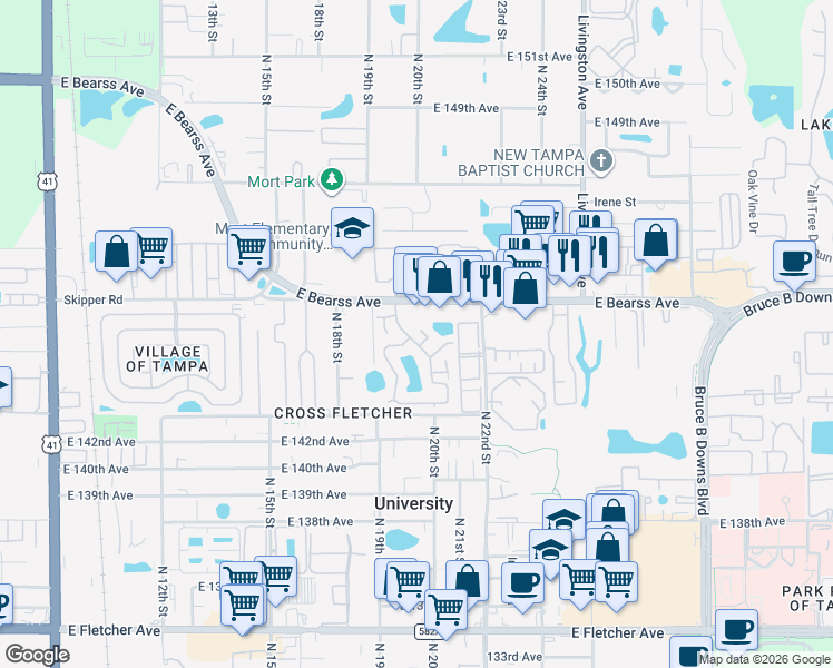 map of restaurants, bars, coffee shops, grocery stores, and more near 2028 Autumn Chace Court in Tampa