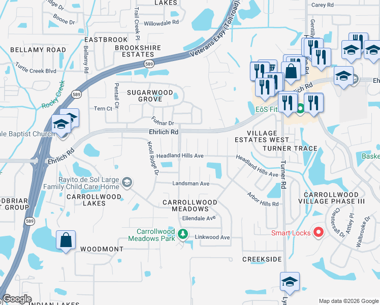 map of restaurants, bars, coffee shops, grocery stores, and more near 14509 Farm Hills Place in Tampa