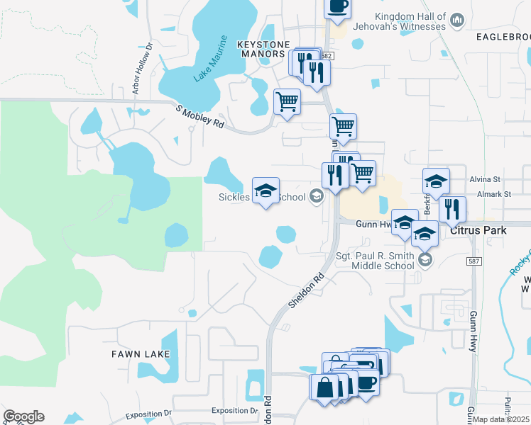 map of restaurants, bars, coffee shops, grocery stores, and more near 7950 Gunn Highway in Tampa