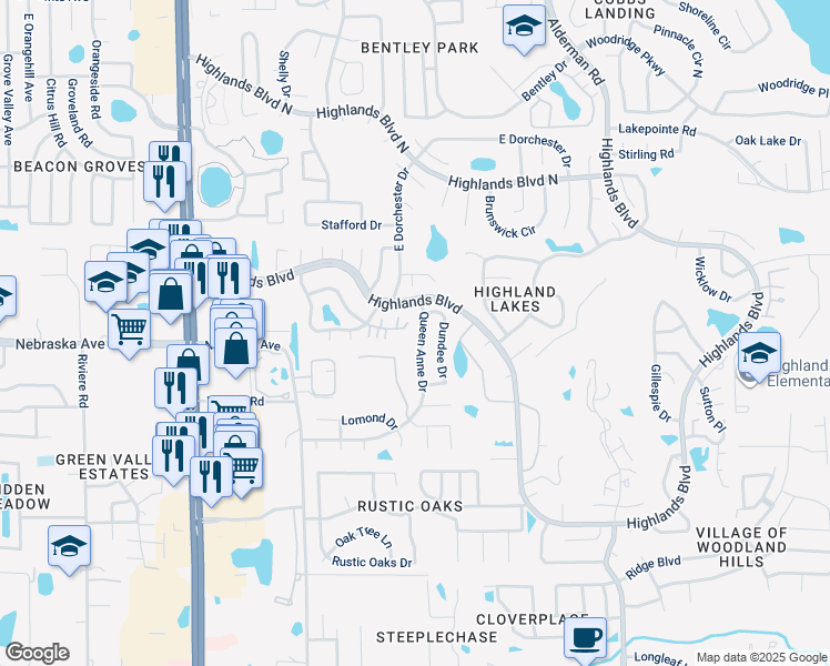 map of restaurants, bars, coffee shops, grocery stores, and more near 2850 Highlands Boulevard in Palm Harbor
