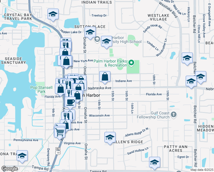 map of restaurants, bars, coffee shops, grocery stores, and more near 1443 Indiana Avenue in Palm Harbor