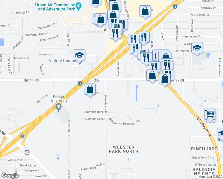 map of restaurants, bars, coffee shops, grocery stores, and more near 1144 Griffin Road in Lakeland