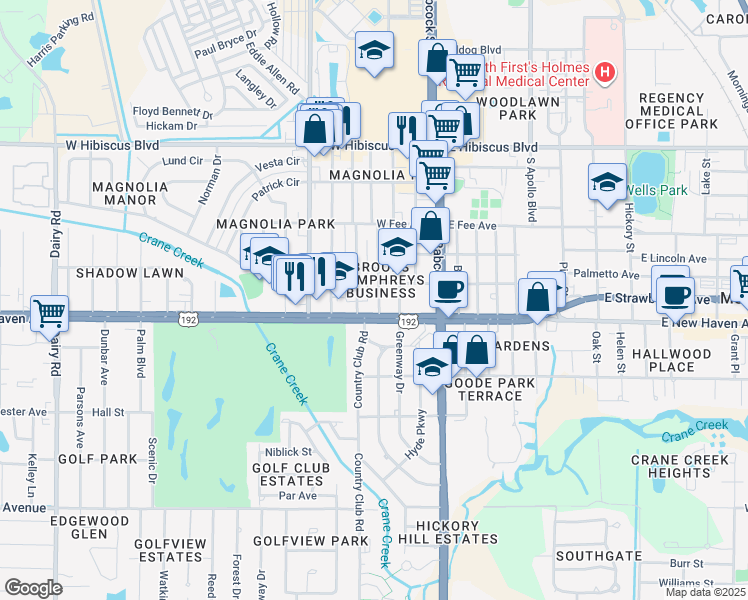 map of restaurants, bars, coffee shops, grocery stores, and more near 1915 South Park Avenue in Melbourne