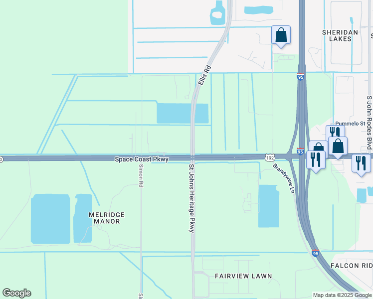 map of restaurants, bars, coffee shops, grocery stores, and more near 5394-5398 Space Coast Parkway in Melbourne