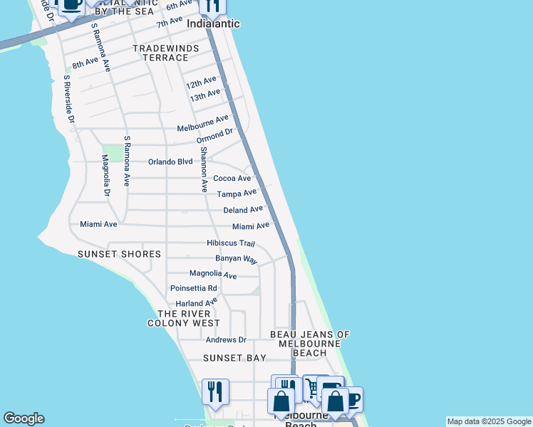 map of restaurants, bars, coffee shops, grocery stores, and more near 1604 South Miramar Avenue in Indialantic