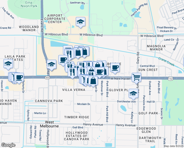 map of restaurants, bars, coffee shops, grocery stores, and more near 1490 West New Haven Avenue in Melbourne