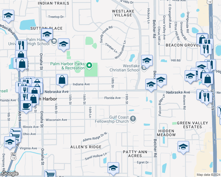 map of restaurants, bars, coffee shops, grocery stores, and more near 1741 Nebraska Avenue in Palm Harbor