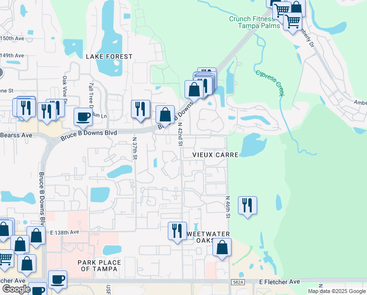 map of restaurants, bars, coffee shops, grocery stores, and more near 4327 Shire Court in Tampa