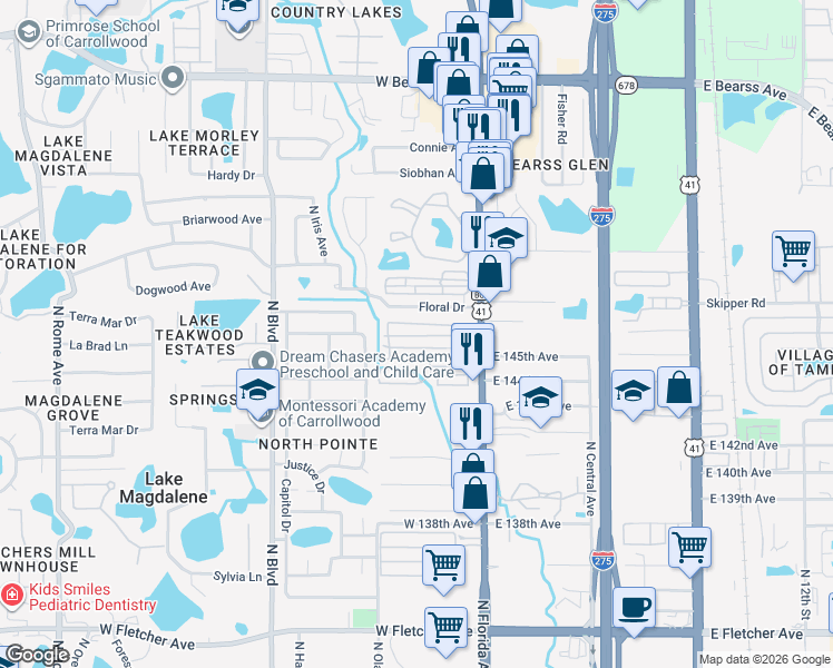 map of restaurants, bars, coffee shops, grocery stores, and more near 310 Floral Drive in Tampa