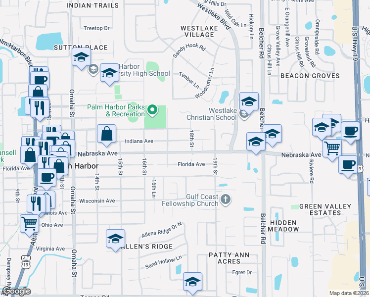map of restaurants, bars, coffee shops, grocery stores, and more near 1719 Indiana Avenue in Palm Harbor