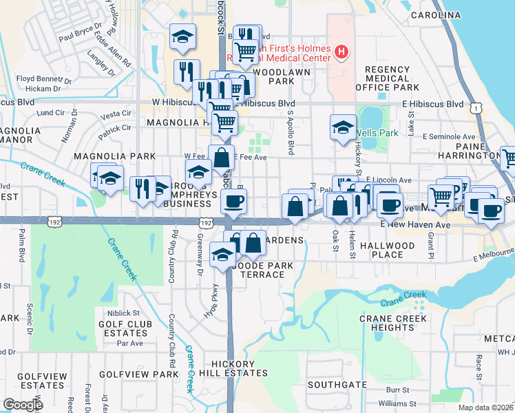 map of restaurants, bars, coffee shops, grocery stores, and more near 1811 Platt Street in Melbourne
