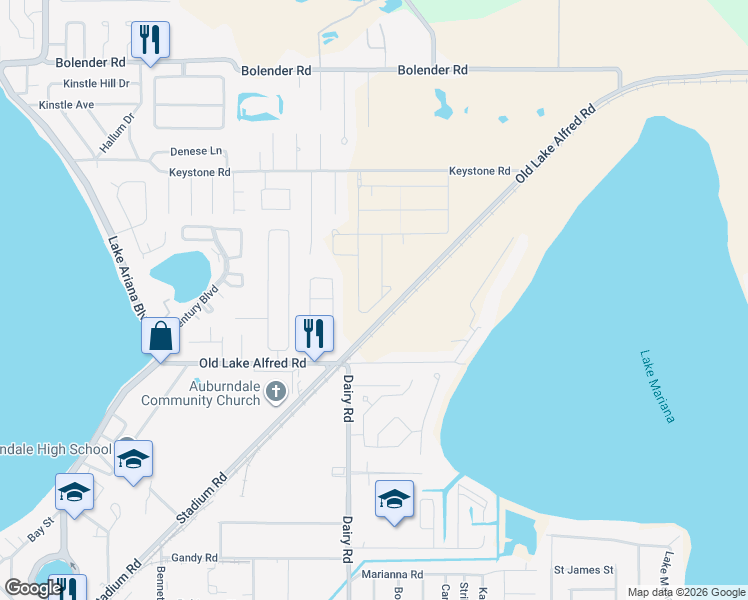 map of restaurants, bars, coffee shops, grocery stores, and more near 1329 Arrowhead Court in Auburndale