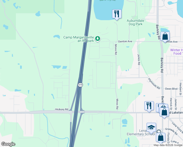 map of restaurants, bars, coffee shops, grocery stores, and more near 303 Moss Road in Auburndale