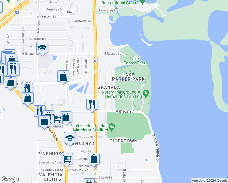 map of restaurants, bars, coffee shops, grocery stores, and more near 2835 Kathryn Avenue in Lakeland