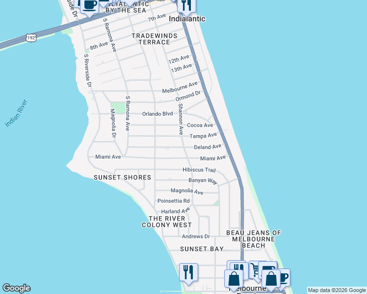 map of restaurants, bars, coffee shops, grocery stores, and more near 1598 Shannon Avenue in Indialantic