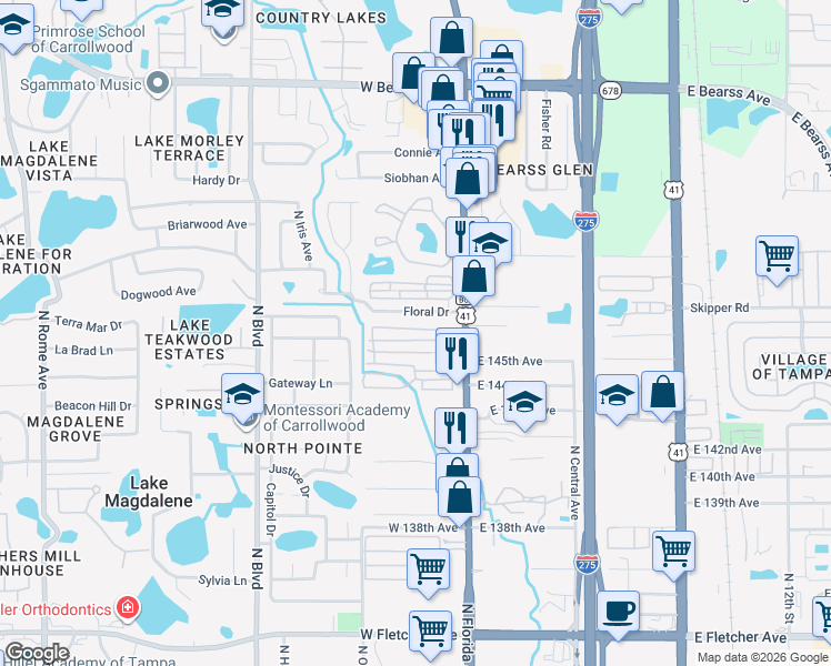 map of restaurants, bars, coffee shops, grocery stores, and more near 114 Floral Drive in Tampa