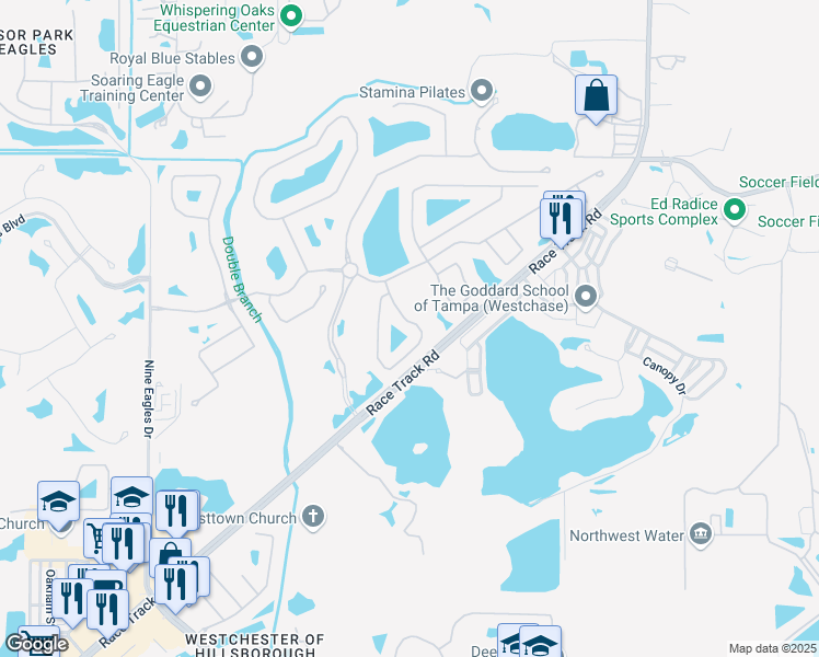 map of restaurants, bars, coffee shops, grocery stores, and more near 14621 Mirabelle Vista Circle in Tampa