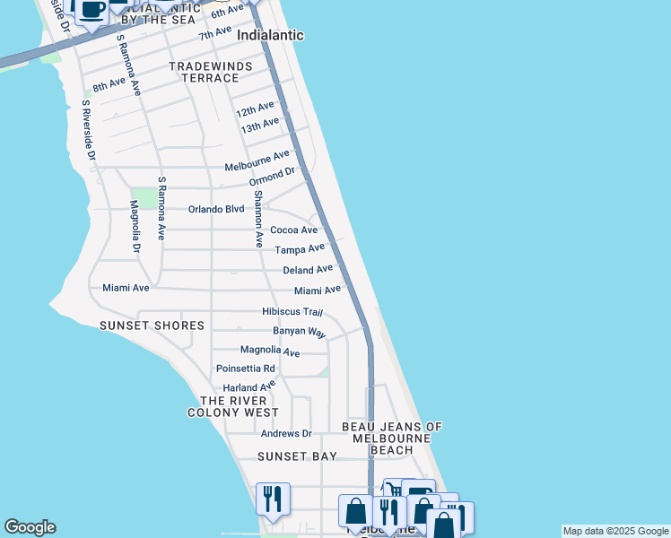 map of restaurants, bars, coffee shops, grocery stores, and more near 1515 Florida A1A in Indialantic