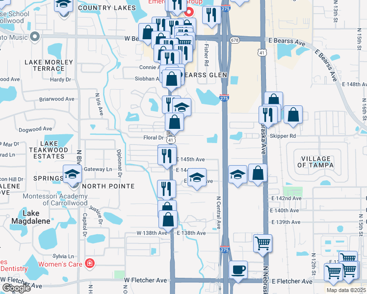 map of restaurants, bars, coffee shops, grocery stores, and more near 105 Garland Court in Tampa