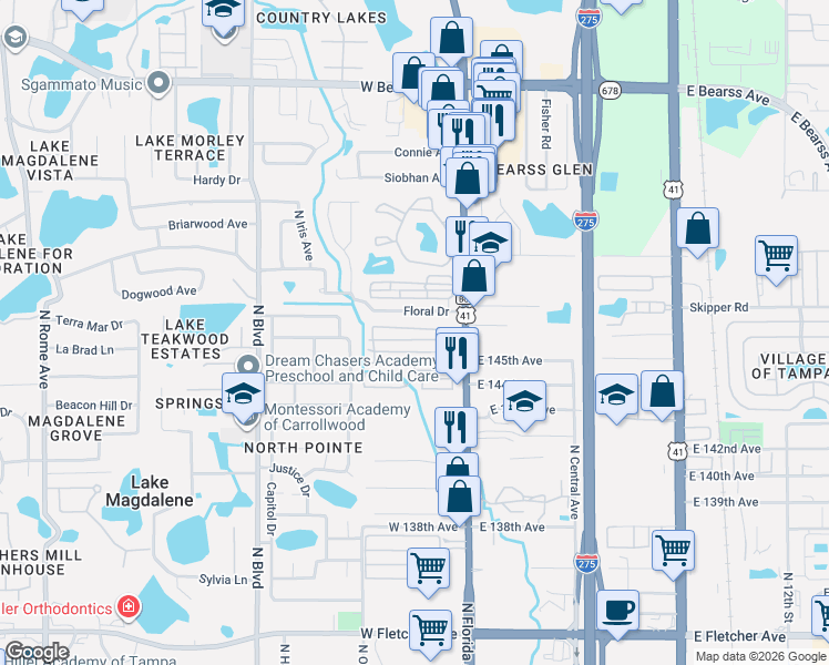 map of restaurants, bars, coffee shops, grocery stores, and more near 114 Floral Drive in Tampa