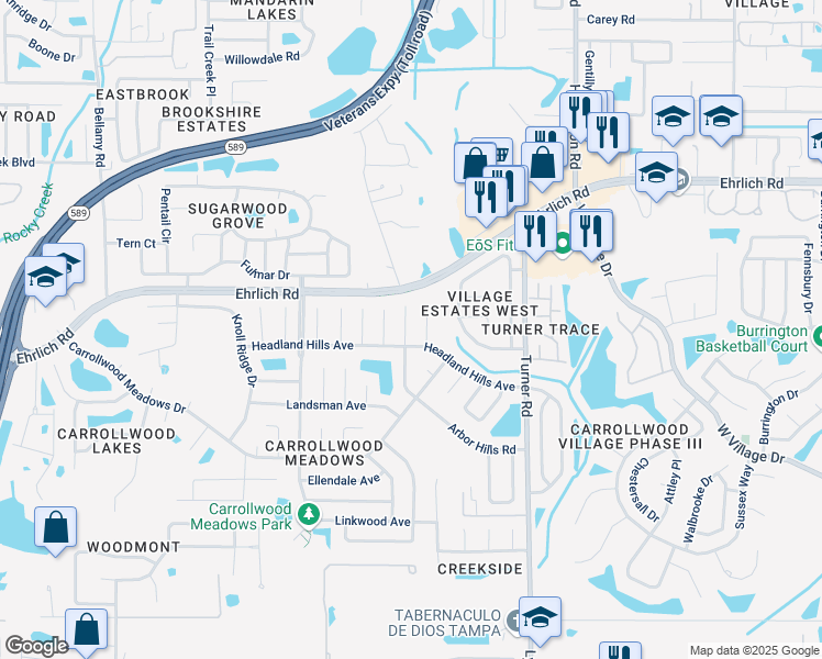 map of restaurants, bars, coffee shops, grocery stores, and more near 14508 Arbor Hills Road in Tampa