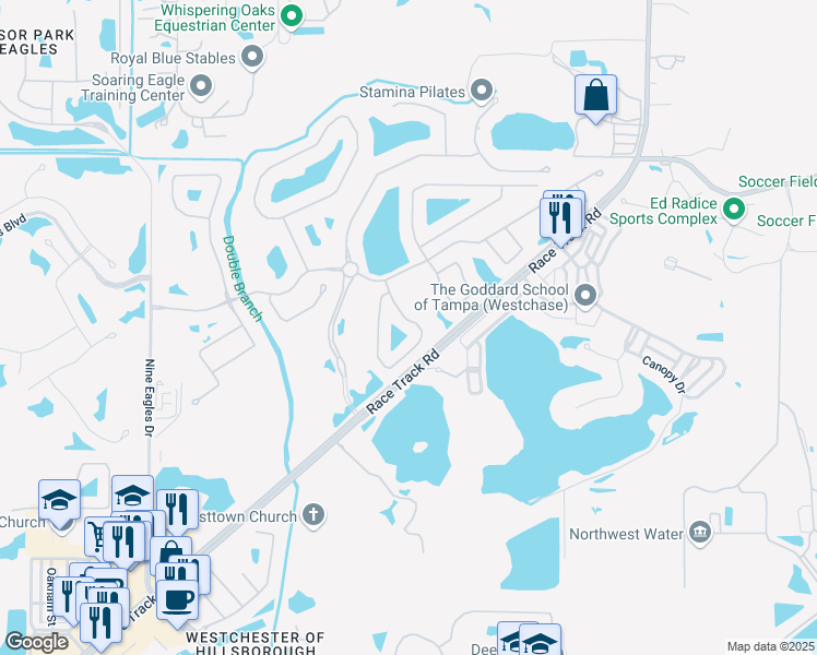 map of restaurants, bars, coffee shops, grocery stores, and more near 14621 Mirabelle Vista Circle in Tampa