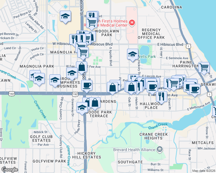 map of restaurants, bars, coffee shops, grocery stores, and more near 204 East Strawbridge Avenue in Melbourne