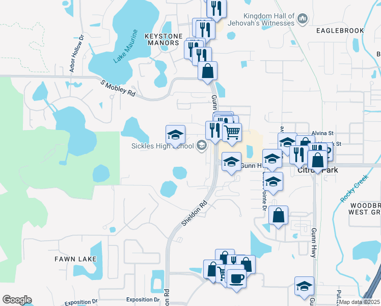 map of restaurants, bars, coffee shops, grocery stores, and more near 7950 Gunn Highway in Tampa