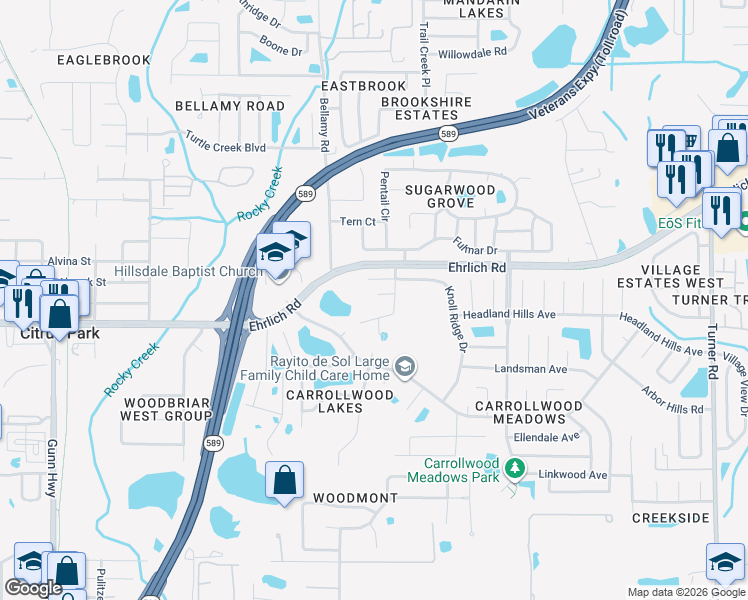 map of restaurants, bars, coffee shops, grocery stores, and more near 14612 Knoll Ridge Drive in Tampa