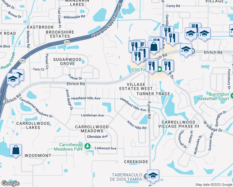 map of restaurants, bars, coffee shops, grocery stores, and more near 14508 Arbor Hills Road in Tampa