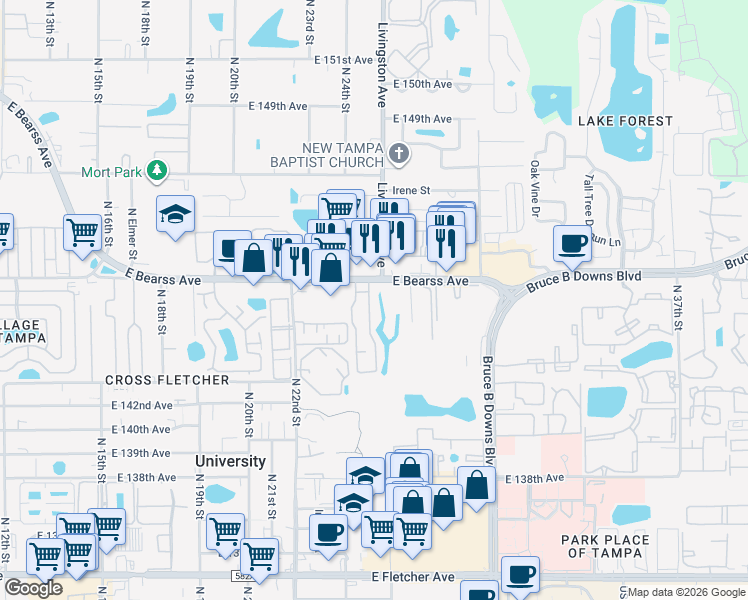 map of restaurants, bars, coffee shops, grocery stores, and more near 14524 Seaford Circle in Tampa