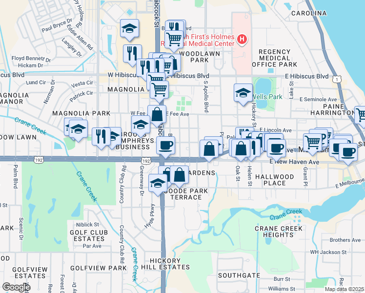 map of restaurants, bars, coffee shops, grocery stores, and more near 1811 Platt Street in Melbourne