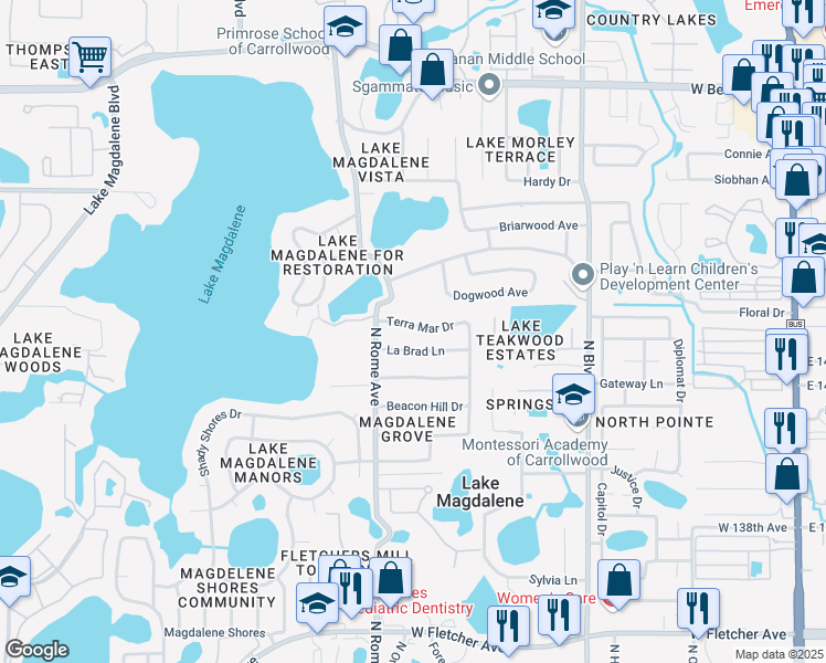 map of restaurants, bars, coffee shops, grocery stores, and more near 1216 Terra Mar Drive in Tampa