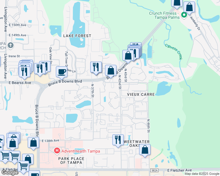 map of restaurants, bars, coffee shops, grocery stores, and more near 14506 University Point Place in Tampa