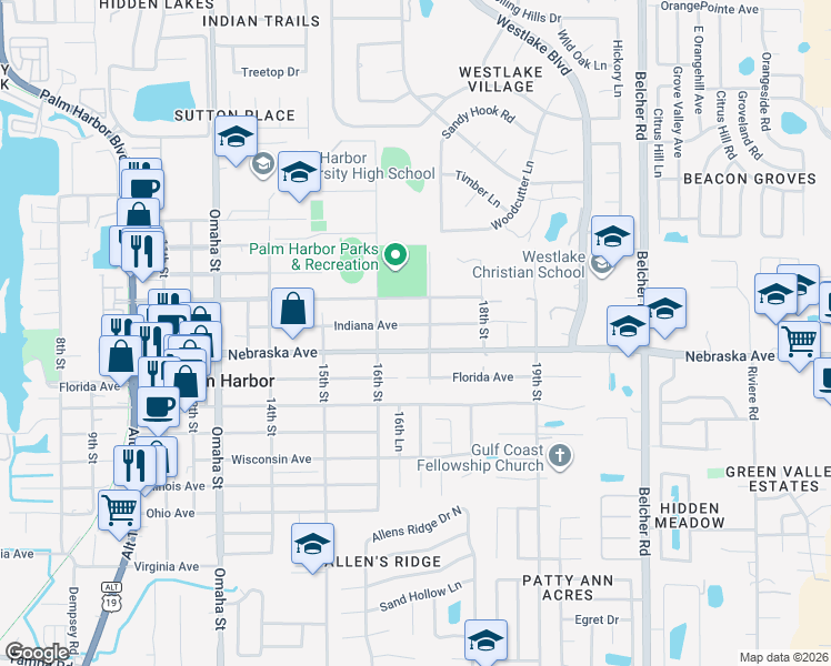 map of restaurants, bars, coffee shops, grocery stores, and more near 1634 Indiana Avenue in Palm Harbor