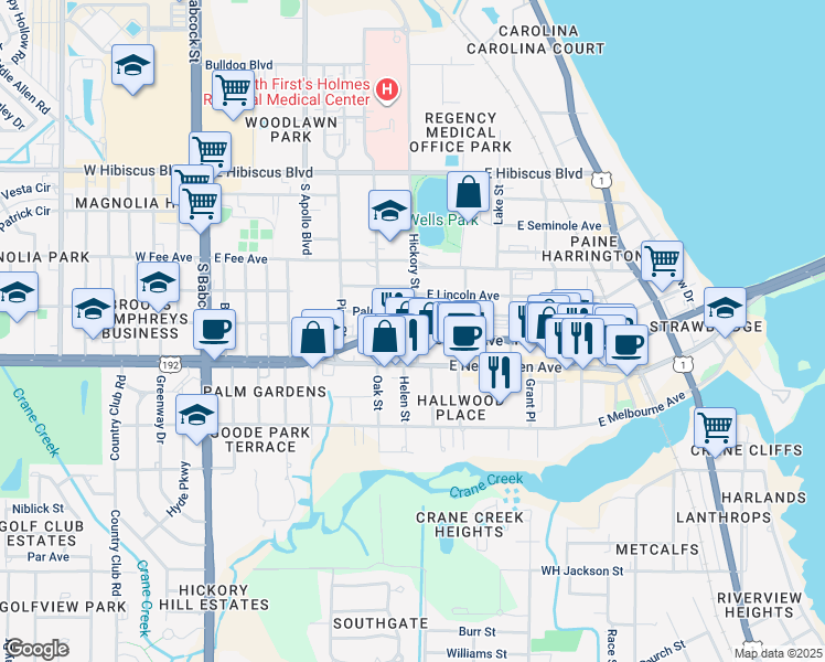 map of restaurants, bars, coffee shops, grocery stores, and more near 501 Palmetto Avenue in Melbourne