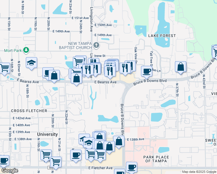 map of restaurants, bars, coffee shops, grocery stores, and more near 2804 Somerset Park Drive in Tampa
