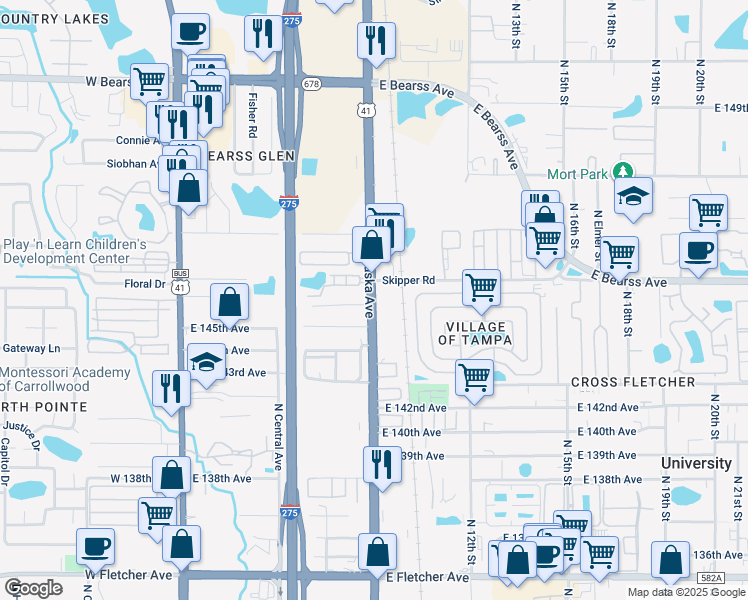 map of restaurants, bars, coffee shops, grocery stores, and more near 911 Skipper Road in Tampa