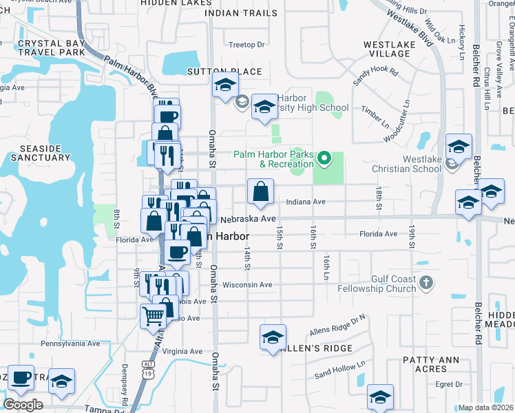 map of restaurants, bars, coffee shops, grocery stores, and more near 1443 Indiana Avenue in Palm Harbor
