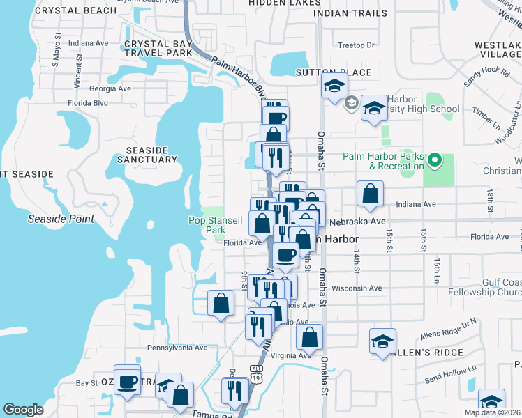 map of restaurants, bars, coffee shops, grocery stores, and more near 1304 Ribolla Drive in Palm Harbor