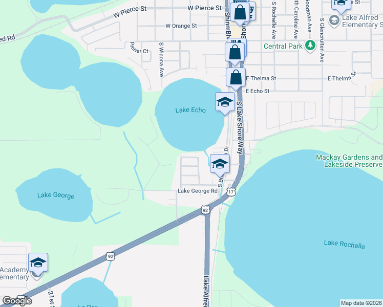 map of restaurants, bars, coffee shops, grocery stores, and more near 345 South Echo Drive in Lake Alfred