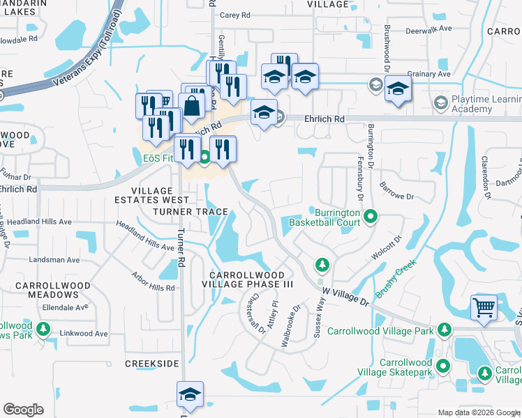 map of restaurants, bars, coffee shops, grocery stores, and more near 14114 Beauville Court in Tampa