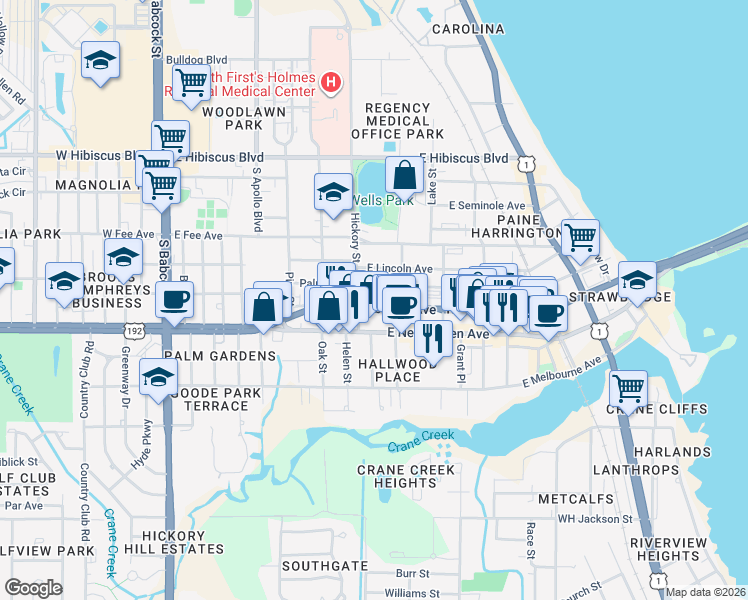 map of restaurants, bars, coffee shops, grocery stores, and more near 501 Palmetto Avenue in Melbourne