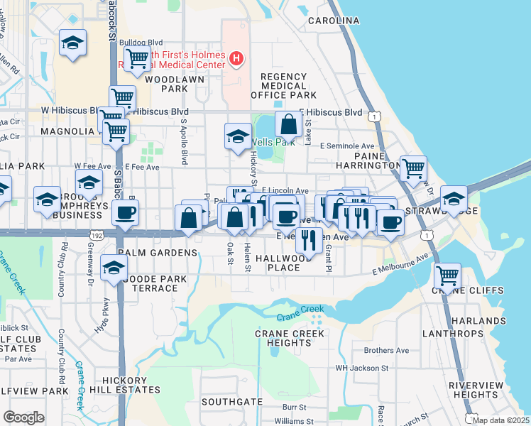 map of restaurants, bars, coffee shops, grocery stores, and more near 501 Palmetto Avenue in Melbourne